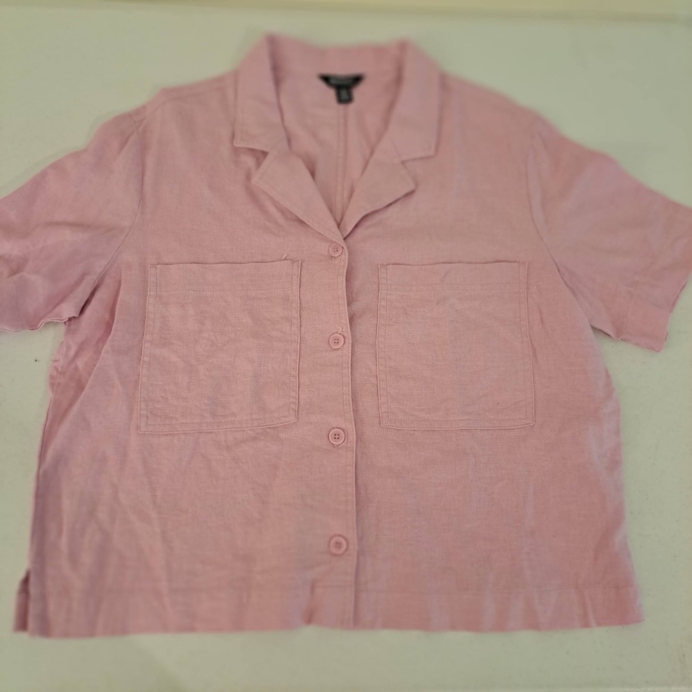 Buffalo Womens Btn Down L Pink Linen Blend Short Sleeve Camp Collar Top 1807-210